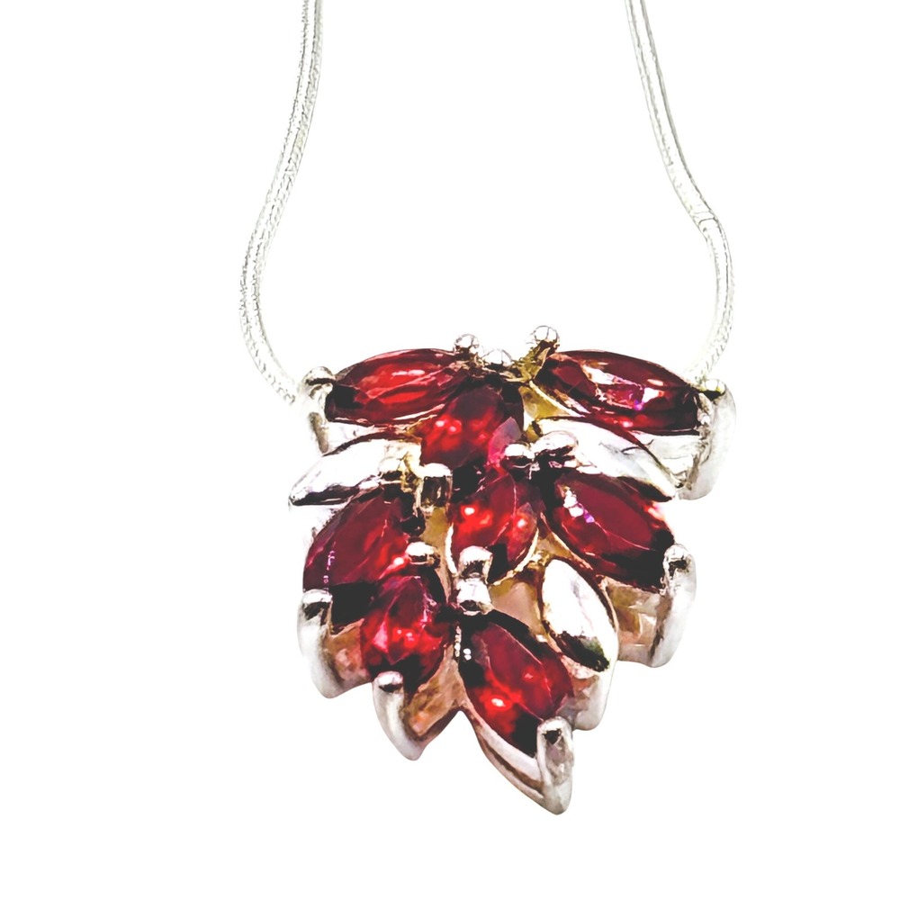 SCB 925 Sterling Silver Red Garnet Marquise Leaf Cluster Pendant Snake Necklace